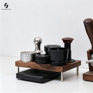 Espresso-sabotagestation walnoothout, 6-gaats koffiesabotagehouder 58 mm, opbergrek voor espressogereedschap, opbergruimte accessoires koffiebar, koffie afbeelding 3