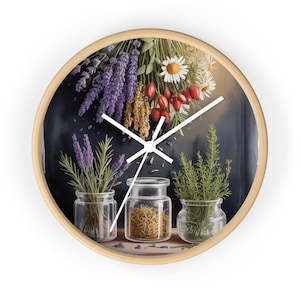 Herb Garden Wall Clock, Botanical Decor, Rustic Home Accent, Country Kitchen Gift, Nature Lover Timepiece