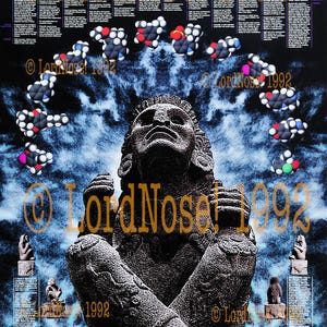 Puede incluir: Póster con una estatua de piedra y modelos moleculares sobre un fondo azul y negro. El texto incluye estructuras químicas y el copyright "© Lord Nose 1992". La estatua tiene las piernas cruzadas.