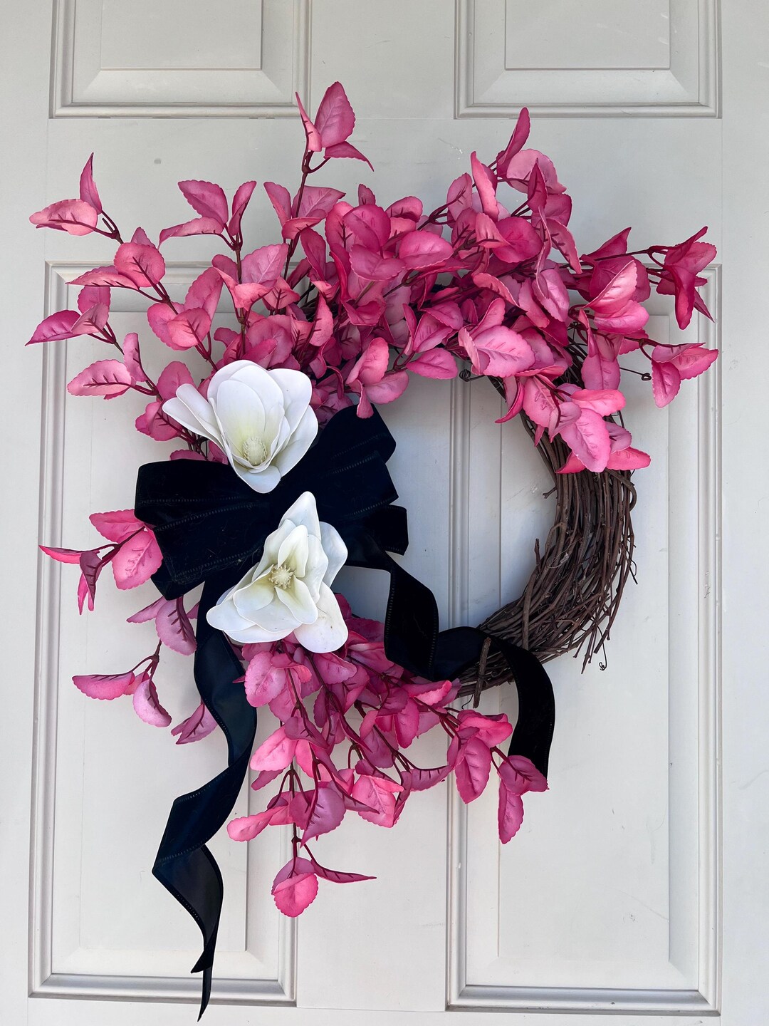 Pink Magnolia Grapevine Wreath With Black Velvet Bow | Elegant Floral ...