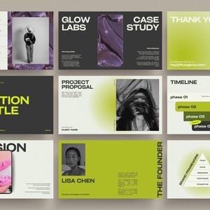 Peut inclure: Ensemble de diapositives de présentation au design moderne. Les diapositives présentent un schéma de couleurs gris foncé et vert citron avec du texte tel que "GLOW LABS", "CASE STUDY" et "SECTION TITLE". Des images et un cadre de marque sont également inclus.