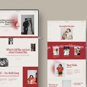 May include: A website design for Saranghae Studios, featuring wedding photography. The design uses a red and white color scheme with text that reads "Wedding photos that tell the Whole Damn Story" and "Authentic wedding snaps."