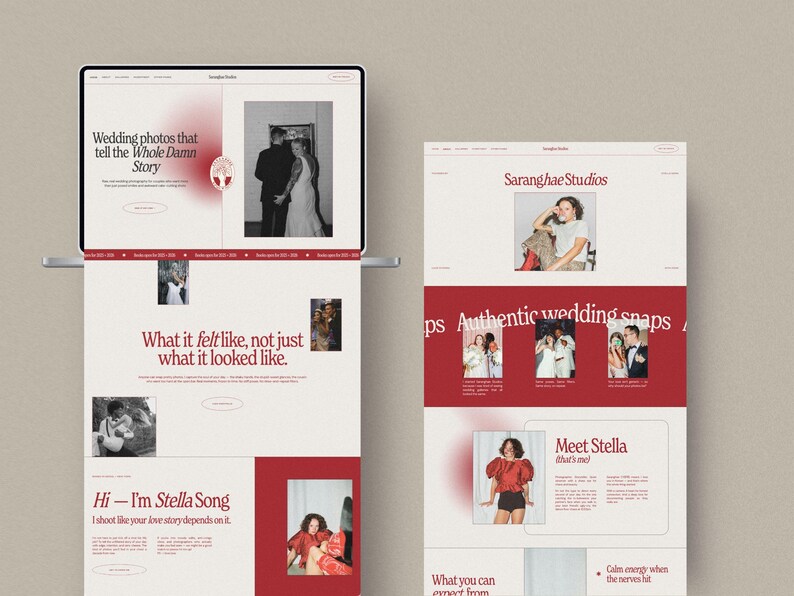 May include: A website design for Saranghae Studios, featuring wedding photography. The design uses a red and white color scheme with text that reads "Wedding photos that tell the Whole Damn Story" and "Authentic wedding snaps."