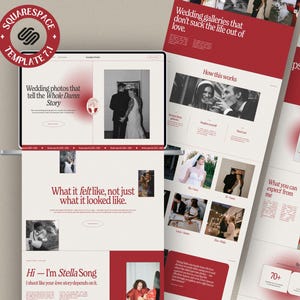 May include: A website design for wedding photography, featuring a tablet displaying a webpage with the text "Wedding photos that tell the Whole Damn Story." Additional pages showcase wedding photos and text in red and white.