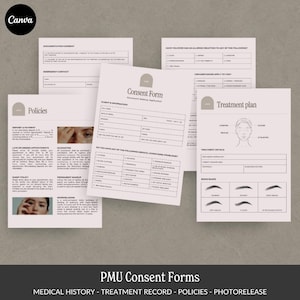 Op de afbeelding: Een verzameling PMU-toestemmingsformulieren, inclusief medische geschiedenis, behandelingsverslag, beleid en fotovrijgave. De formulieren zijn gedrukt op wit papier met een minimalistisch ontwerp. Het Canva-logo is zichtbaar.