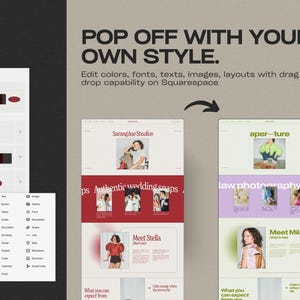 May include: A website design interface with the text "POP OFF WITH YOUR OWN STYLE." The interface shows editable elements, including color palettes and text options. The image also displays website mockups with photos and text.