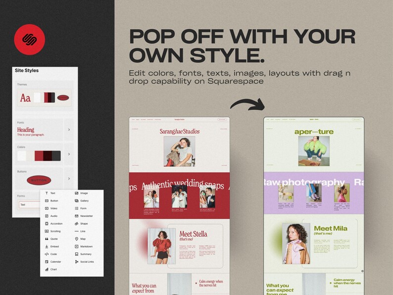 May include: A website design interface with the text "POP OFF WITH YOUR OWN STYLE." The interface shows editable elements, including color palettes and text options. The image also displays website mockups with photos and text.
