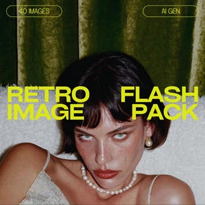 Op de afbeelding: Een vrouw met donker haar en een parelketting is te zien in een retro-stijl afbeelding. De woorden "Retro Image Flash Pack" staan in gele tekst. De achtergrond omvat een groene gordijn en een wit, getextureerd oppervlak.