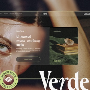 Könnte beinhalten: Ein Website-Design mit dem Wort "Verde" in großen weißen Buchstaben. Das Design enthält den Text "AI-powered content marketing studio" und ein "Squarespace Template 7.1"-Abzeichen. Eine Fallstudie wird ebenfalls gezeigt.