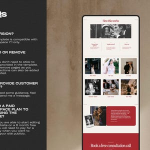 May include: A smartphone displays a website template with a red and cream color scheme. The screen shows a "How this works" section with photos and a "Book a free consultation call" button. FAQs are listed on the left.