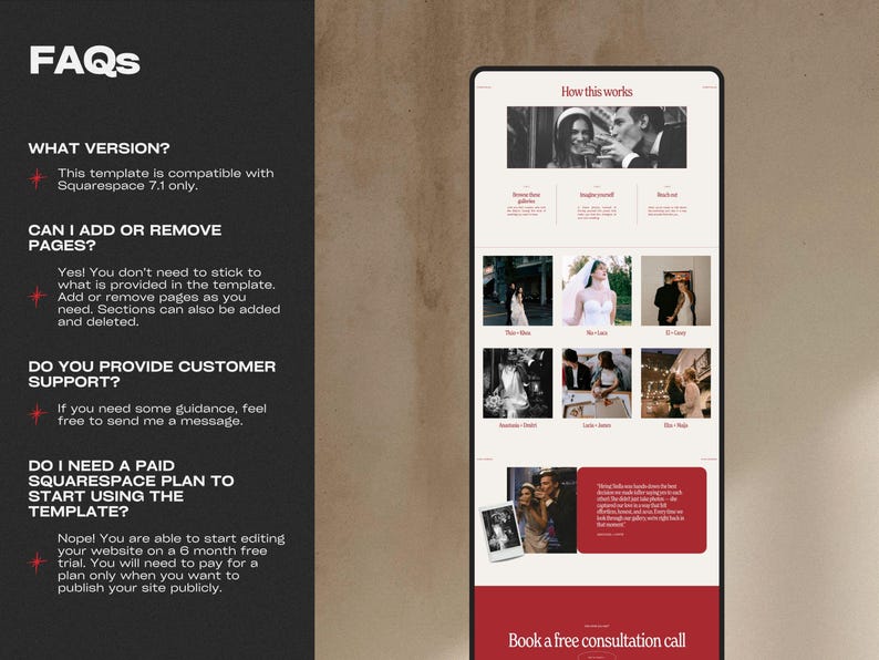 May include: A smartphone displays a website template with a red and cream color scheme. The screen shows a "How this works" section with photos and a "Book a free consultation call" button. FAQs are listed on the left.