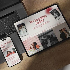 May include: A laptop, tablet, and smartphone are arranged on a brown surface. The tablet displays "The Saranghae Gallery" with wedding photos. The phone shows "Hi - I'm Stella Song" with text and a photo. A laptop keyboard is visible.