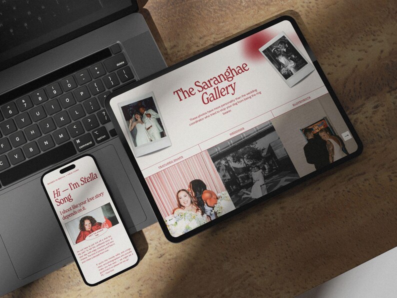 May include: A laptop, tablet, and smartphone are arranged on a brown surface. The tablet displays "The Saranghae Gallery" with wedding photos. The phone shows "Hi - I'm Stella Song" with text and a photo. A laptop keyboard is visible.