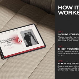 May include: A tablet displays a website design with the text "Wedding photos that tell the Whole Damn Story." The screen shows a black and white photo of a couple. The tablet is on a textured surface.