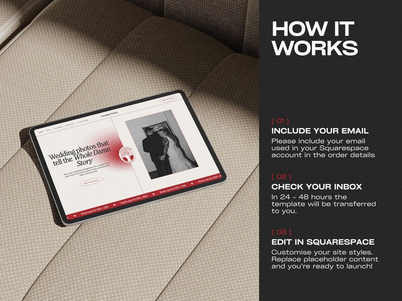 May include: A tablet displays a website design with the text "Wedding photos that tell the Whole Damn Story." The screen shows a black and white photo of a couple. The tablet is on a textured surface.