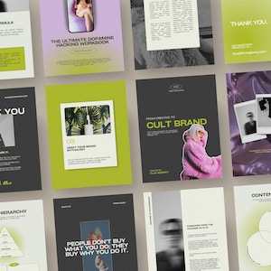 Könnte beinhalten: Eine Sammlung von Marketingmaterialien mit verschiedenen Designs und Texten. Die Materialien enthalten die Sätze "The Cult Brand Formula", "The Ultimate Dopamine Hacking Workbook" und "From Creative to Cult Brand". Die Farbpalette umfasst Schwarz, Weiß, Grün und Lila.