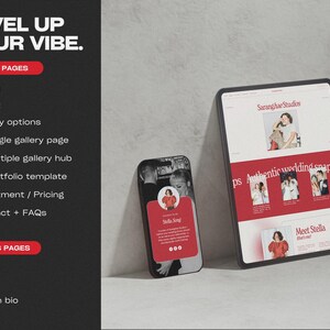 May include: A smartphone and tablet display a website design with a red and white color scheme. The phone shows a profile with the text "Stella Song". The tablet displays the text "Saranghae Studios" and "Authentic wedding snaps". The phrase "Level Up Your Vibe" is at the top.