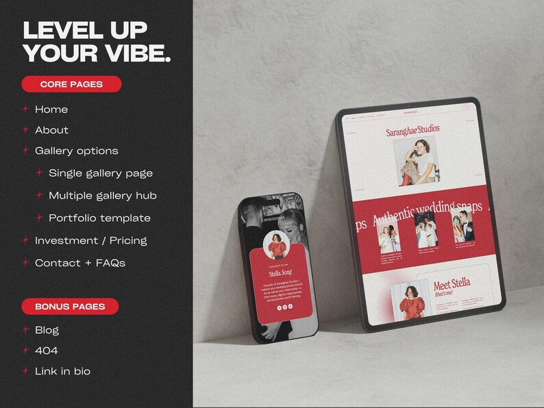 May include: A smartphone and tablet display a website design with a red and white color scheme. The phone shows a profile with the text "Stella Song". The tablet displays the text "Saranghae Studios" and "Authentic wedding snaps". The phrase "Level Up Your Vibe" is at the top.