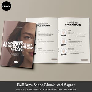 Peut inclure: Un guide pour trouver la forme de sourcil idéale, un e-book avec le visage d'une femme sur la couverture. L'e-book comprend également un guide pour identifier la forme de votre visage avec des illustrations de différentes formes de visage.