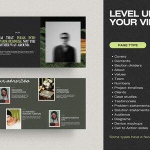 May include: A digital marketing presentation with the text "Level Up Your Vibe." The presentation includes sections on AI, services, and page types, with a dark background and white text. The image includes photos and lists.