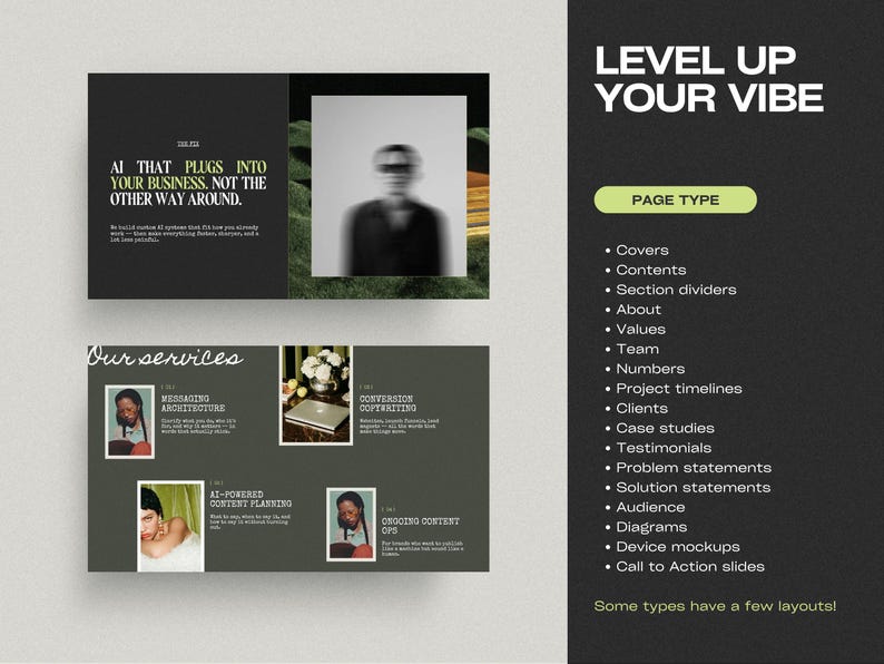 May include: A digital marketing presentation with the text "Level Up Your Vibe." The presentation includes sections on AI, services, and page types, with a dark background and white text. The image includes photos and lists.