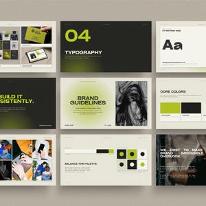 May include: A brand identity presentation template featuring nine slides with a colour palette of lime green, black, and off-white. The slides display typography examples, core colour swatches, brand guidelines, and photographic imagery with text.