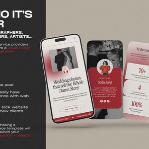 May include: A promotional image featuring three mockups of a mobile phone and cards. The phone displays a wedding photo and text. The cards show a profile and statistics. The text includes "Wedding photos that tell the Whole Damn Story."