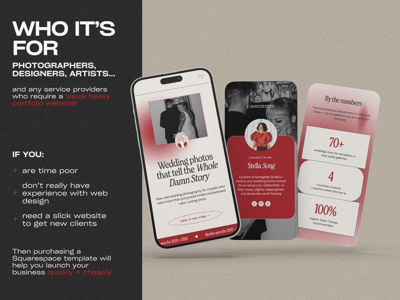 May include: A promotional image featuring three mockups of a mobile phone and cards. The phone displays a wedding photo and text. The cards show a profile and statistics. The text includes "Wedding photos that tell the Whole Damn Story."