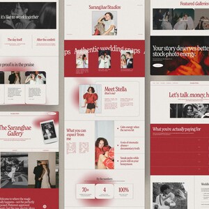 May include: Website design showcasing wedding photography services. The design features a red and white color scheme with various sections, including galleries, testimonials, and pricing information. The text includes phrases like "Authentic wedding snaps" and "Let's talk money, honey."