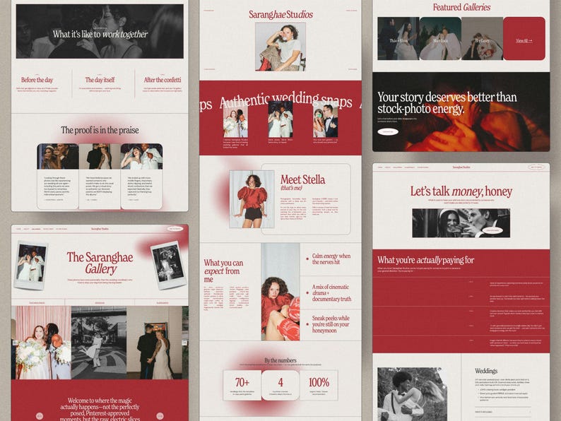 May include: Website design showcasing wedding photography services. The design features a red and white color scheme with various sections, including galleries, testimonials, and pricing information. The text includes phrases like "Authentic wedding snaps" and "Let's talk money, honey."