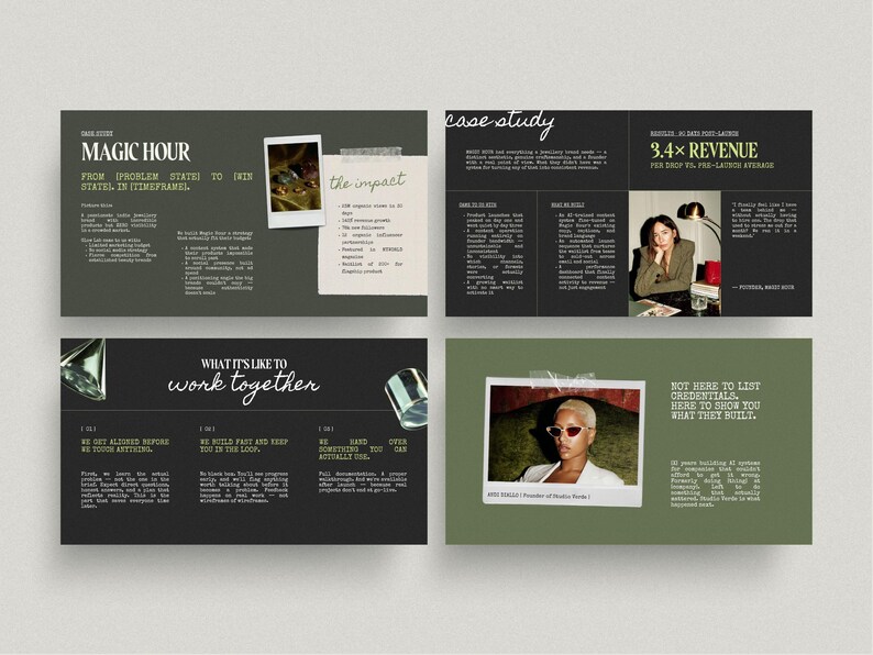 May include: A presentation layout with four panels. The top left panel reads "MAGIC HOUR" and "FROM (PROBLEM STATE) TO (WIN STATE) IN (TIMEFRAME)". The top right panel is a "case study" with "3.4X REVENUE". The bottom panels read "WHAT IT'S LIKE TO work together" and "NOT HERE TO LIST CREDENTIALS, HERE TO SHOW YOU WHAT THEY BUILT."