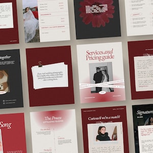 May include: A collection of marketing materials with a burgundy and white color scheme. The materials include a services and pricing guide, a signature package, and other promotional documents. The text includes "Let's work together" and "Stella Song".