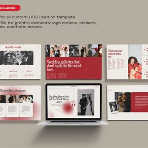 May include: A laptop displays a website design with wedding photos and text. Surrounding the laptop are several design elements, including text blocks and images. The text includes "Wedding galleries that don't suck the life out of love."
