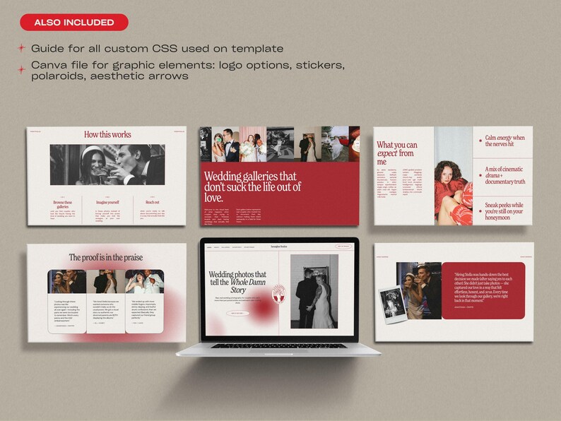 May include: A laptop displays a website design with wedding photos and text. Surrounding the laptop are several design elements, including text blocks and images. The text includes "Wedding galleries that don't suck the life out of love."