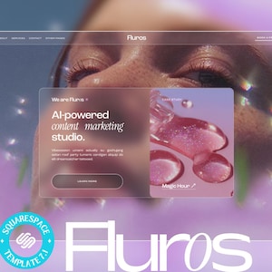 May include: A website design with a soft, blurred aesthetic. The design features the text "Fluros" and "AI-powered content marketing studio." A pink and purple colour scheme is used throughout the design, with a Squarespace template logo at the bottom.