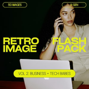 May include: A woman using a phone with a laptop in front of her. The image has the text "Retro Image Flash Pack Vol. 2 Business + Tech Babes" in yellow. The background is dark green.