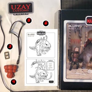 Puede incluir: Una figura de acci&oacute;n Blurrgg personalizada de Star Wars The Mandalorian con un cuerpo gris y marr&oacute;n, una boca roja y una silla de montar negra y roja. La figura est&aacute; empaquetada en una caja negra con las palabras "Star Wars The Mandalorian" y "Blurrgg" impresas en ella. La caja tambi&eacute;n incluye un conjunto de instrucciones y un peque&ntilde;o trozo de tela.