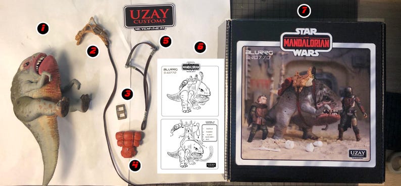 Puede incluir: Una figura de acci&oacute;n Blurrgg personalizada de Star Wars The Mandalorian con un cuerpo gris y marr&oacute;n, una boca roja y una silla de montar negra y roja. La figura est&aacute; empaquetada en una caja negra con las palabras "Star Wars The Mandalorian" y "Blurrgg" impresas en ella. La caja tambi&eacute;n incluye un conjunto de instrucciones y un peque&ntilde;o trozo de tela.