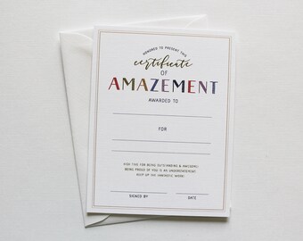 Certificate of Amazement cards with envelopes