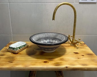 Hand-Painted Moroccan Ceramic sink bowl - Black and White Bathroom Basin