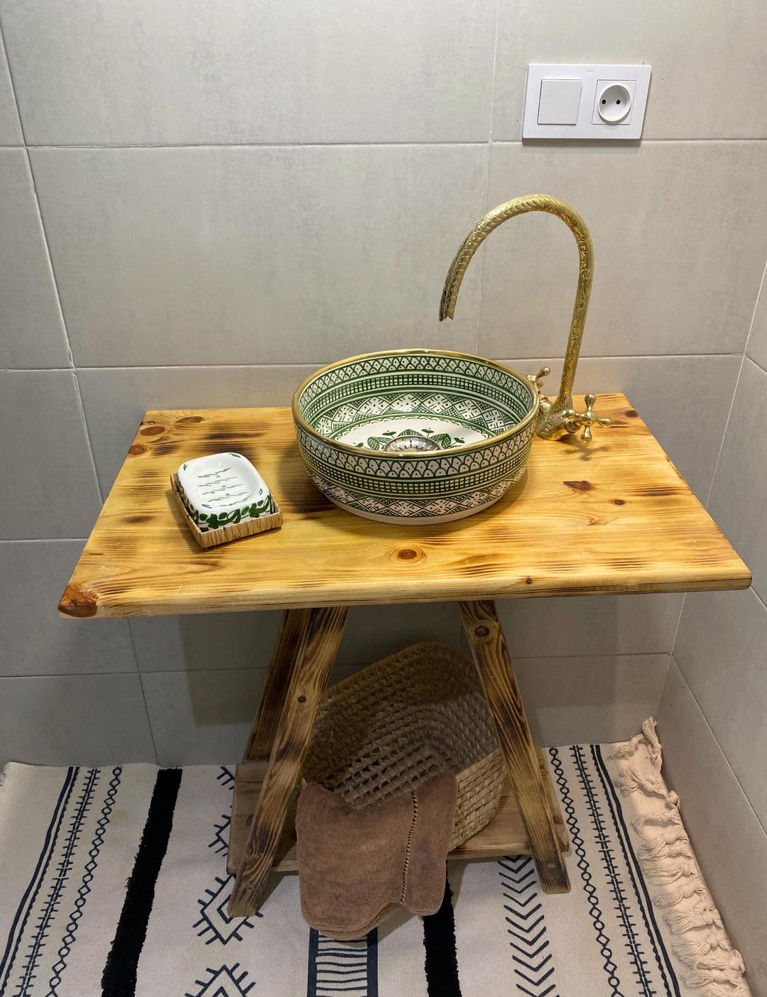 Green Sink With Brass Rim Edge - Hand-painted Moroccan Ceramic Basin - Etsy
