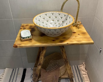 Moroccan Handmade yellow and White Ceramic Basin - Bathroom Vessel Sink
