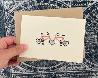 Valentine Cyclist Greeting Card | Lover's Tandem Risograph Printed A6 Card