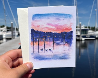 Ducks at Sunset Watercolor Painting A2 Greeting Card | Coastal Wickford Rhode Island Landscape
