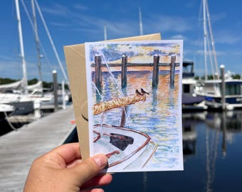 Swallows at Sunset Watercolor Painting A6 Greeting Card | Coastal Vista Landscape in Rhode Island