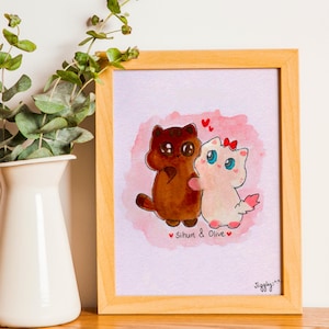 Portrait de couple de chat aquarelle personnalisé, cadeau d'anniversaire pour les amoureux des chats, cadeaux parfaits pour lui, elle, couples, Saint-Valentin, mariage