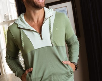 Cypress (Olive Green) Vintage Half Zip Color Block Hoodie