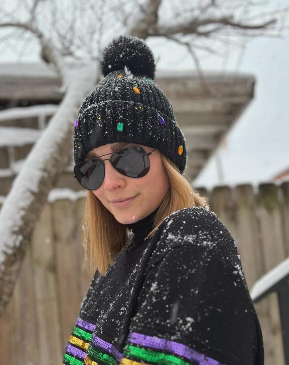 Black Rhinestone Beanie With Pom Pom, Mardi Gras - Etsy display picture 1