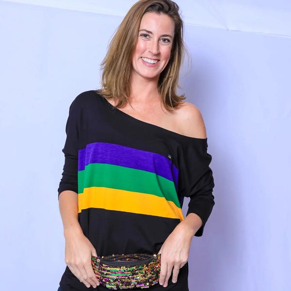 Top in jersey oversize a righe nere con spalle scoperte per il Mardi Gras