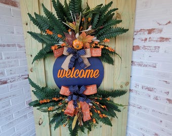 Welcome fall sign, welcome fall door hanger, welcome fall swag, fall decor, fall wreath, blue and orange